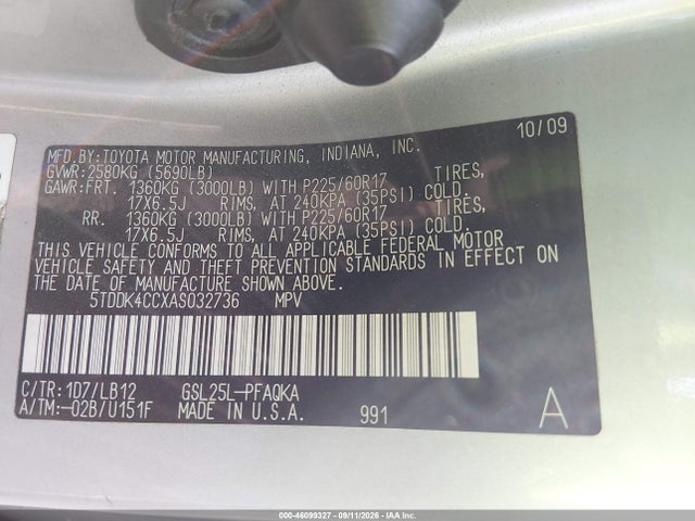 Aukcja sprzedaży 2010 Toyota Sienna Limited, vin: 5TDDK4CCXAS032736, numer aukcji: 46099327