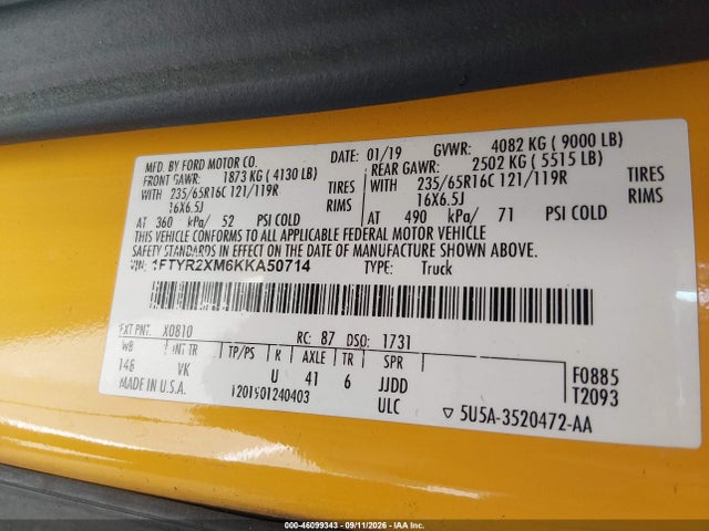 2019 Ford Transit-250 მანქანა იყიდება აუქციონზე, vin: 1FTYR2XM6KKA50714, აუქციონის ნომერი: 46099343