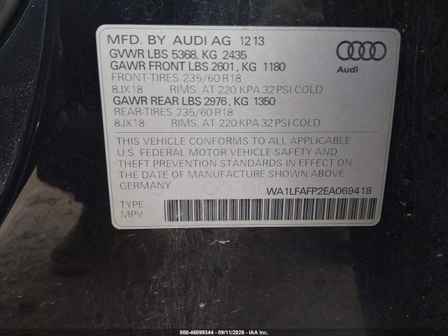 2014 Audi Q5 2.0t Premium მანქანა იყიდება აუქციონზე, vin: WA1LFAFP2EA069418, აუქციონის ნომერი: 46099344