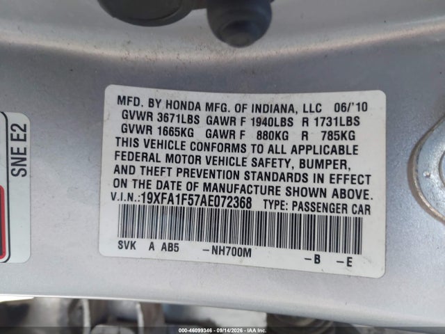 Продаж на аукціоні авто 2010 Honda Civic Lx, vin: 19XFA1F57AE072368, номер лоту: 46099346