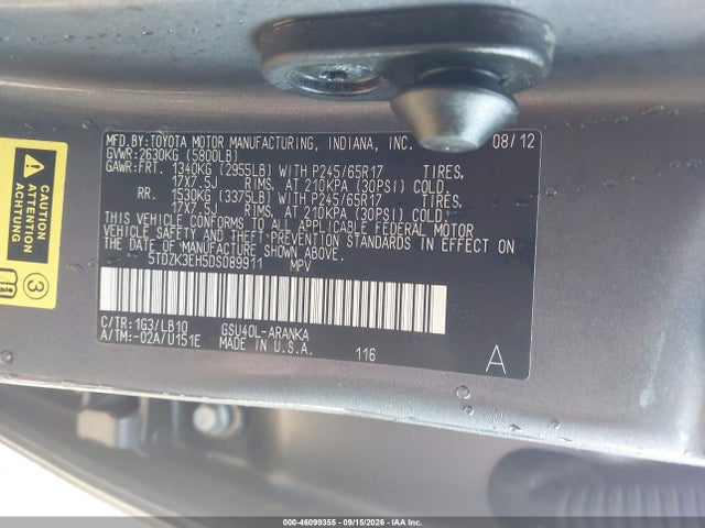 Aukcja sprzedaży 2013 Toyota Highlander Se V6, vin: 5TDZK3EH5DS089911, numer aukcji: 46099355