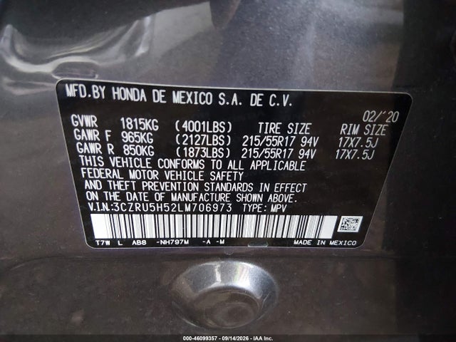 46099357 :رقم المزاد ، 3CZRU5H52LM706973 vin ، 2020 Honda Hr-v 2wd Ex مزاد بيع
