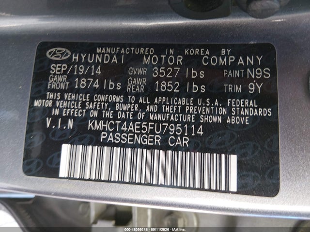 2015 Hyundai Accent Gls მანქანა იყიდება აუქციონზე, vin: KMHCT4AE5FU795114, აუქციონის ნომერი: 46099386