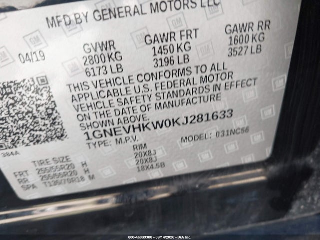 Aukcja sprzedaży 2019 Chevrolet Traverse 3lt, vin: 1GNEVHKW0KJ281633, numer aukcji: 46099388