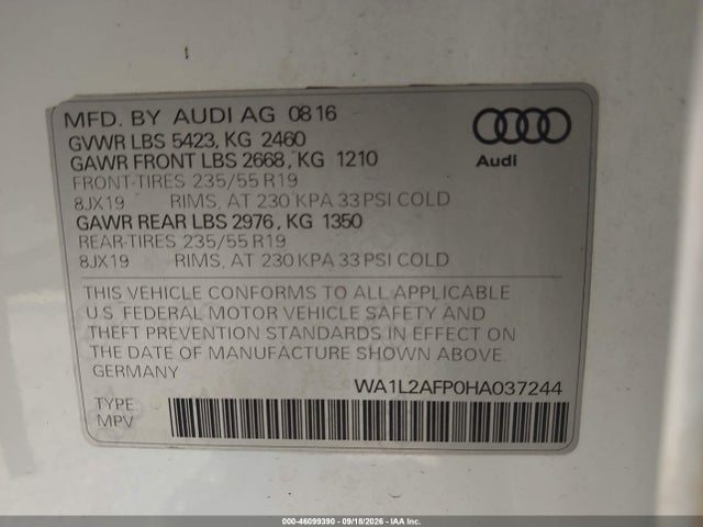 2017 Audi Q5 2.0t Premium მანქანა იყიდება აუქციონზე, vin: WA1L2AFP0HA037244, აუქციონის ნომერი: 46099390