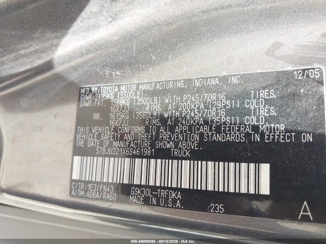 2006 Toyota Tundra მანქანა იყიდება აუქციონზე, vin: 5TBJU321X6S461981, აუქციონის ნომერი: 46099395