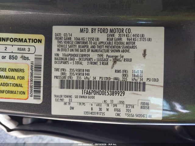 Aukcja sprzedaży 2014 Ford Fusion Se, vin: 1FA6P0HD0E5389929, numer aukcji: 46099397