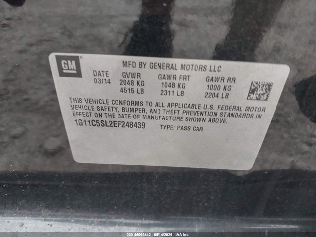 46099442 :رقم المزاد ، 1G11C5SL2EF248439 vin ، 2014 Chevrolet Malibu 1lt مزاد بيع
