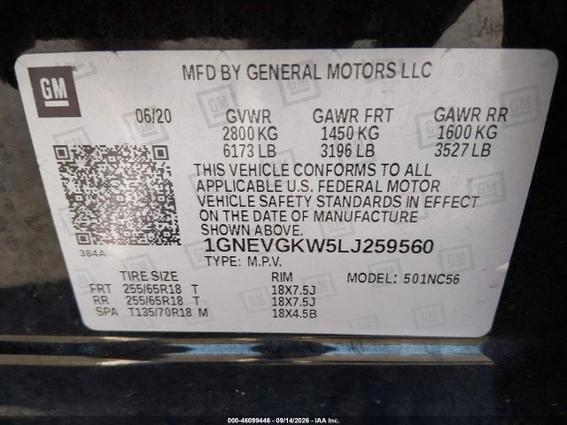 46099446 :رقم المزاد ، 1GNEVGKW5LJ259560 vin ، 2020 Chevrolet Traverse Awd Lt Cloth مزاد بيع