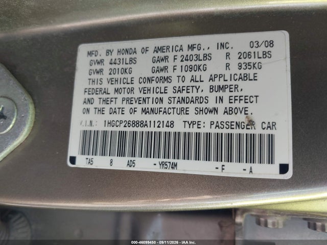 2008 Honda Accord 2.4 Ex-l მანქანა იყიდება აუქციონზე, vin: 1HGCP26888A112148, აუქციონის ნომერი: 46099450