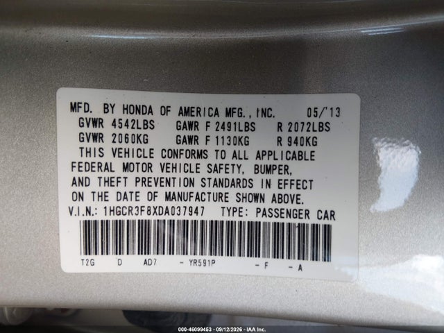 Продажа на аукционе авто 2013 Honda Accord Ex-l V-6, vin: 1HGCR3F8XDA037947, номер лота: 46099453