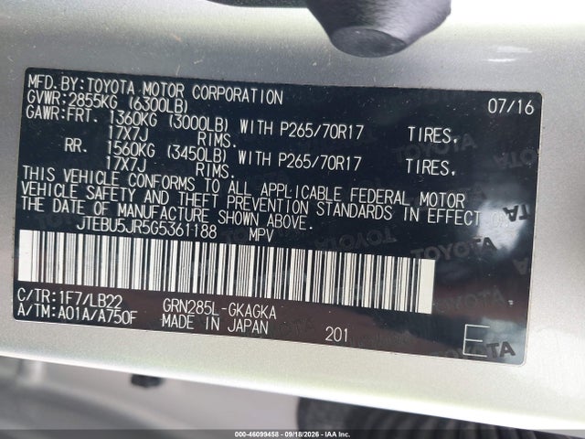 Продаж на аукціоні авто 2016 Toyota 4runner Sr5 Premium, vin: JTEBU5JR5G5361188, номер лоту: 46099458