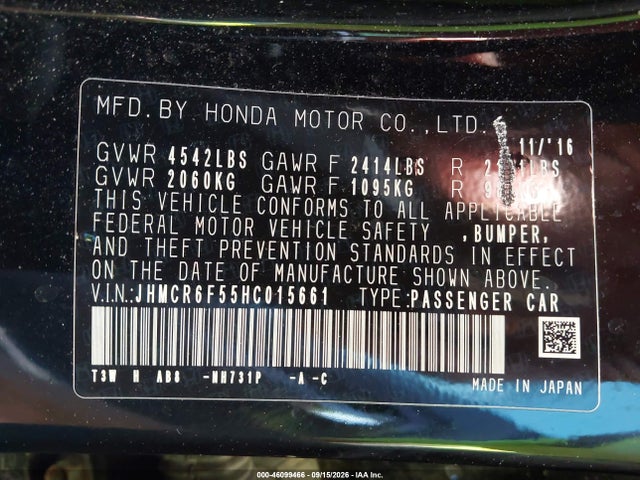 Aukcja sprzedaży 2017 Honda Accord Hybrid Ex-l, vin: JHMCR6F55HC015661, numer aukcji: 46099466