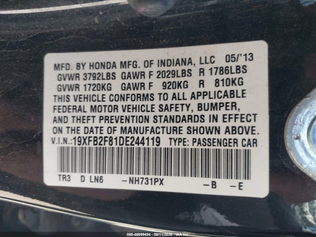 46099494 :رقم المزاد ، 19XFB2F81DE244119 vin ، 2013 Honda Civic Ex مزاد بيع
