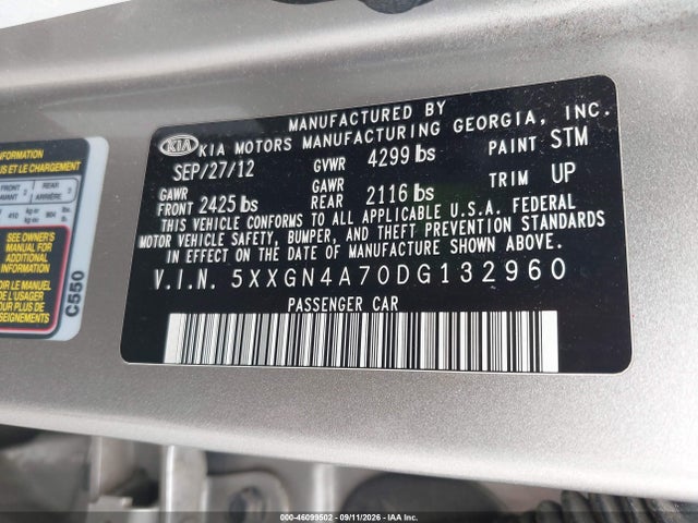 Aukcja sprzedaży 2013 Kia Optima Ex, vin: 5XXGN4A70DG132960, numer aukcji: 46099502