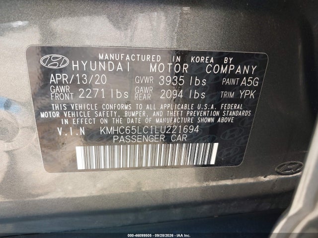2020 Hyundai Ioniq Hybrid Blue მანქანა იყიდება აუქციონზე, vin: KMHC65LC1LU221694, აუქციონის ნომერი: 46099505