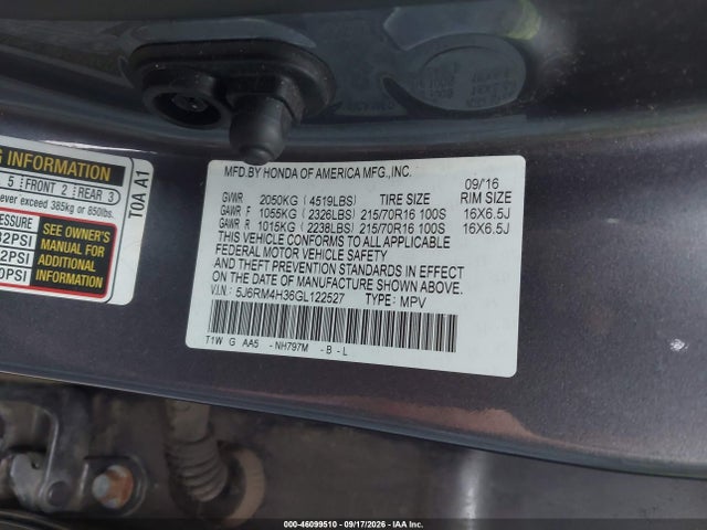 2016 Honda Cr-v Lx მანქანა იყიდება აუქციონზე, vin: 5J6RM4H36GL122527, აუქციონის ნომერი: 46099510