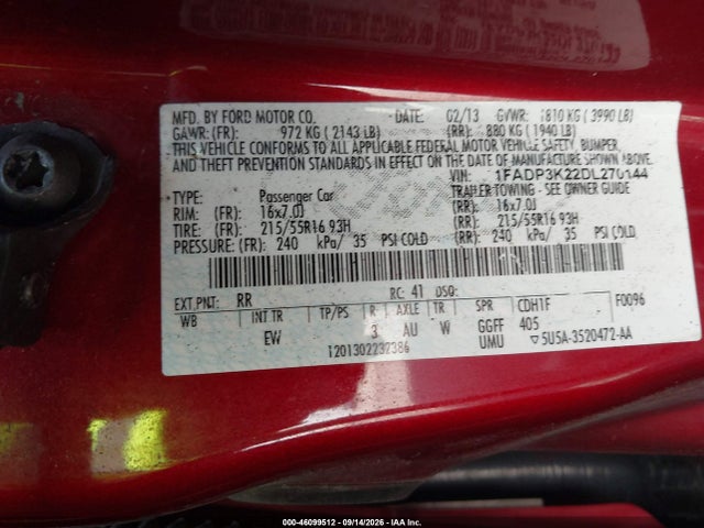 2013 Ford Focus Se მანქანა იყიდება აუქციონზე, vin: 1FADP3K22DL270144, აუქციონის ნომერი: 46099512