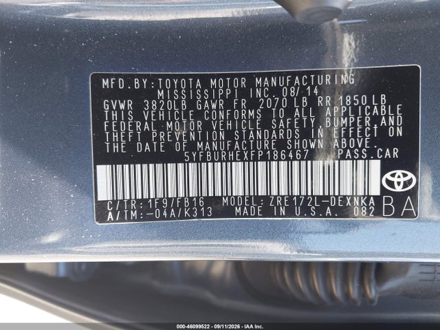 2015 Toyota Corolla Le მანქანა იყიდება აუქციონზე, vin: 5YFBURHEXFP186467, აუქციონის ნომერი: 46099522