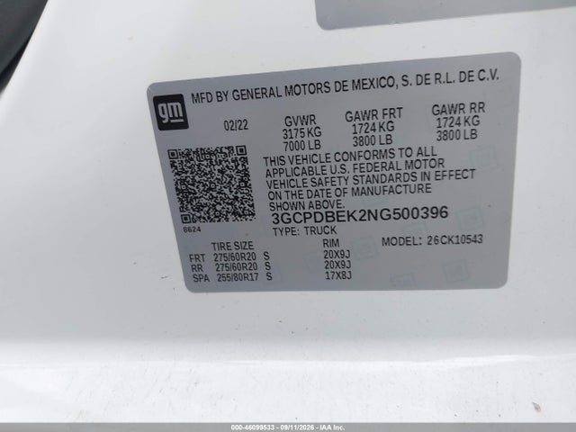 46099533 :رقم المزاد ، 3GCPDBEK2NG500396 vin ، 2022 Chevrolet Silverado 1500 4wd  Short Bed Custom مزاد بيع