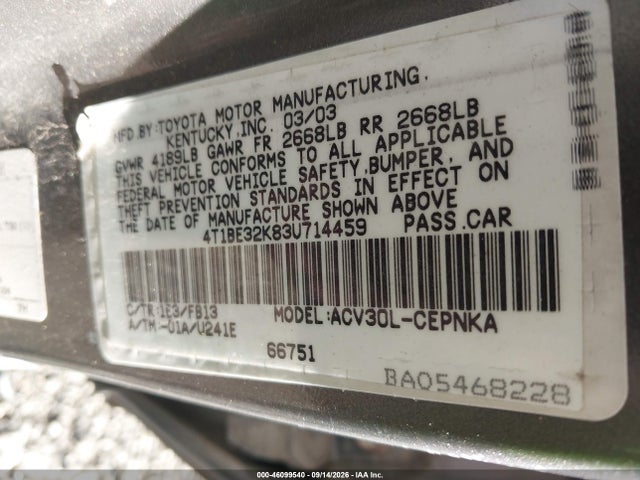 Aukcja sprzedaży 2003 Toyota Camry Le, vin: 4T1BE32K83U714459, numer aukcji: 46099540