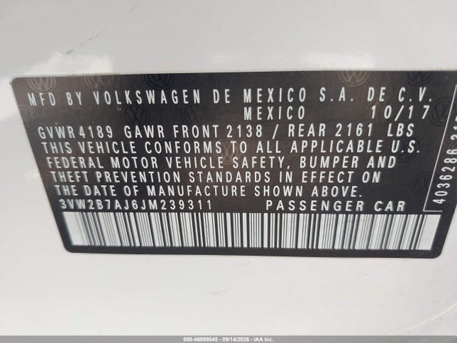 46099545 :رقم المزاد ، 3VW2B7AJ6JM239311 vin ، 2018 Volkswagen Jetta 1.4t S مزاد بيع