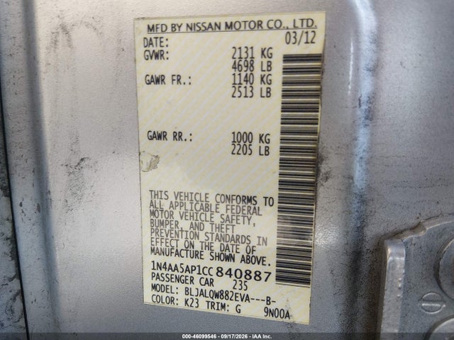 Aukcja sprzedaży 2012 Nissan Maxima 3.5 S, vin: 1N4AA5AP1CC840887, numer aukcji: 46099546