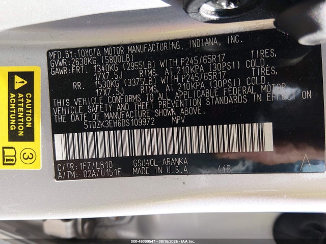 Продажа на аукционе авто 2013 Toyota Highlander Se V6, vin: 5TDZK3EH6DS109972, номер лота: 46099547