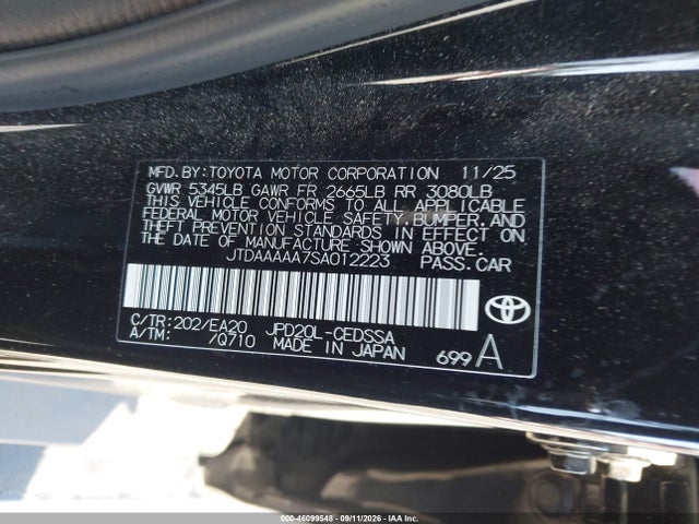 46099548 :رقم المزاد ، JTDAAAAA7SA012223 vin ، 2025 Toyota Mirai Xle مزاد بيع