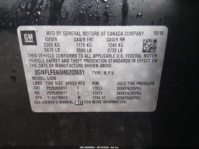 46099564 :رقم المزاد ، 2GNFLFEK6H6203631 vin ، 2017 Chevrolet Equinox Lt مزاد بيع