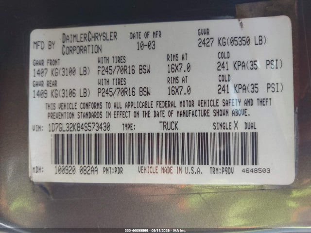 Продаж на аукціоні авто 2004 Dodge Dakota Sport, vin: 1D7GL32K84S573430, номер лоту: 46099566