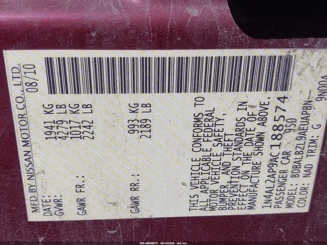46099570 :رقم المزاد ، 1N4AL2AP9AC188574 vin ، 2010 Nissan Altima 2.5 S مزاد بيع