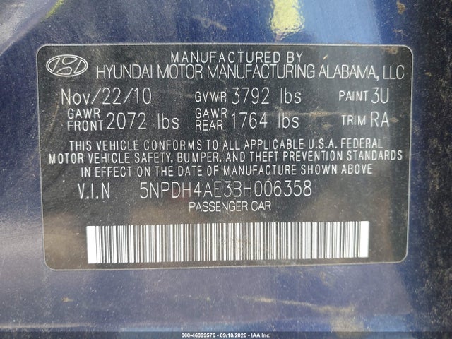 Продаж на аукціоні авто 2011 Hyundai Elantra Gls, vin: 5NPDH4AE3BH006358, номер лоту: 46099576