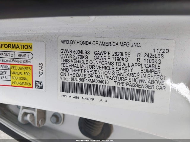 2021 Acura Tlx Technology Package მანქანა იყიდება აუქციონზე, vin: 19UUB6F48MA004016, აუქციონის ნომერი: 46099583
