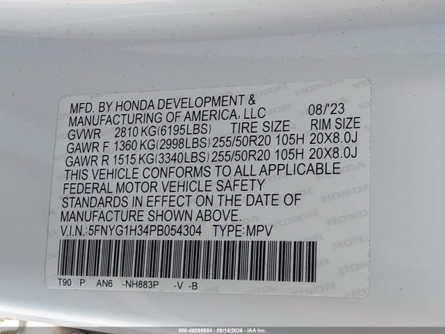 46099584 :رقم المزاد ، 5FNYG1H34PB054304 vin ، 2023 Honda Pilot Awd Sport مزاد بيع