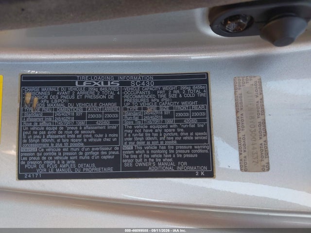 Продажа на аукционе авто 2003 Lexus Sc 430, vin: JTHFN48Y030044337, номер лота: 46099588