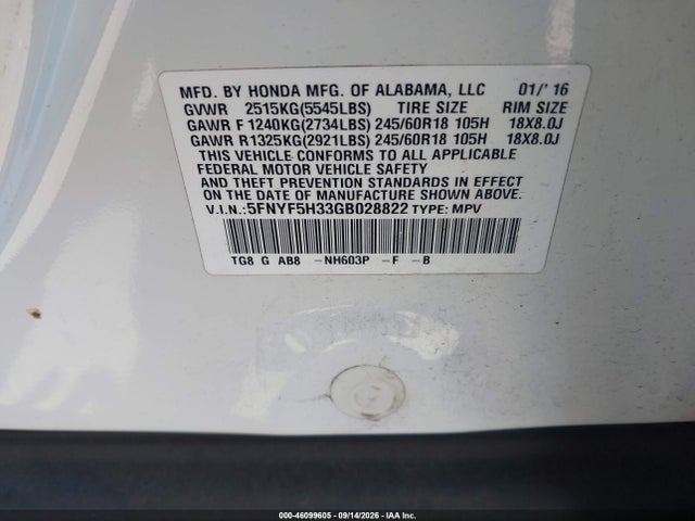 2016 Honda Pilot Ex მანქანა იყიდება აუქციონზე, vin: 5FNYF5H33GB028822, აუქციონის ნომერი: 46099605