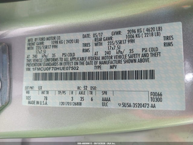Ford ESCAPE S 2017 1FMCU0F70HUE07502 Image 9