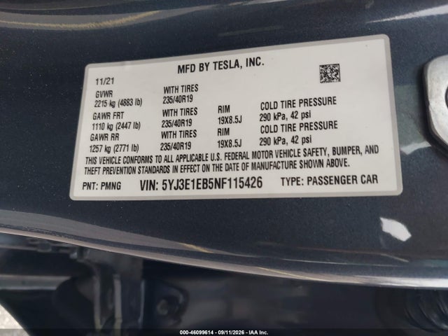 Продаж на аукціоні авто 2022 Tesla Model 3 Long Range Dual Motor All-wheel Drive, vin: 5YJ3E1EB5NF115426, номер лоту: 46099614