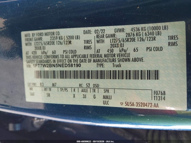 46099622 :رقم المزاد ، 1FT7W2BN5NED58190 vin ، 2022 Ford F-250 Lariat مزاد بيع
