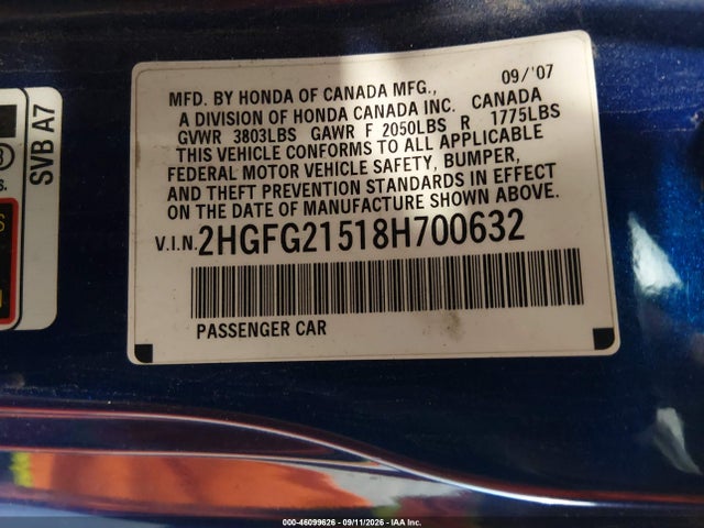 Продаж на аукціоні авто 2008 Honda Civic Si, vin: 2HGFG21518H700632, номер лоту: 46099626