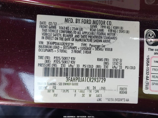Продаж на аукціоні авто 2012 Ford Fusion Sel, vin: 3FAHP0JA1CR293729, номер лоту: 46099634