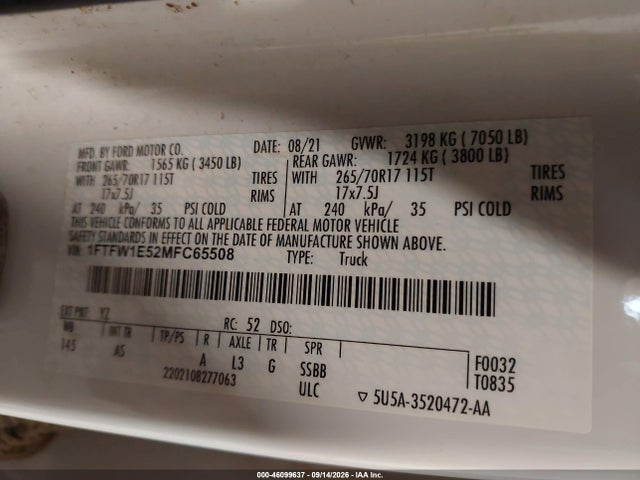 Aukcja sprzedaży 2021 Ford F-150 Xl, vin: 1FTFW1E52MFC65508, numer aukcji: 46099637