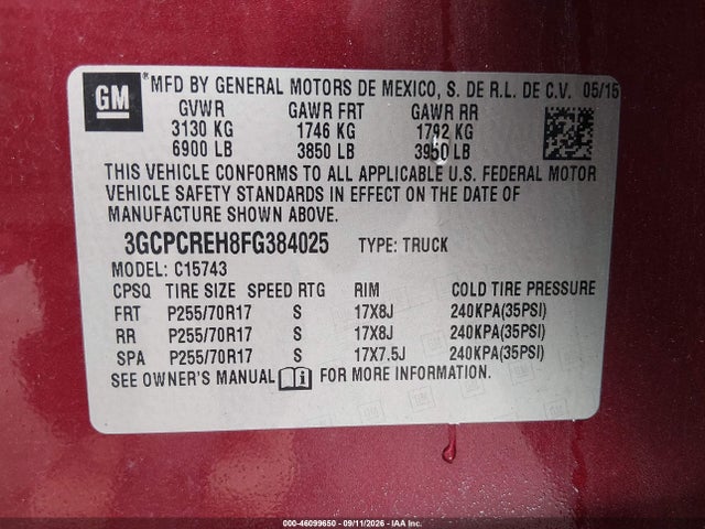 Aukcja sprzedaży 2015 Chevrolet Silverado 1500 1lt, vin: 3GCPCREH8FG384025, numer aukcji: 46099650