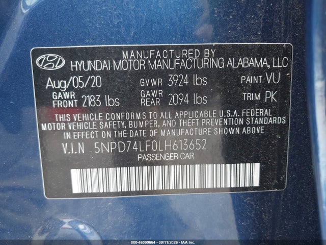 Продажа на аукционе авто 2020 Hyundai Elantra Se, vin: 5NPD74LF0LH613652, номер лота: 46099664