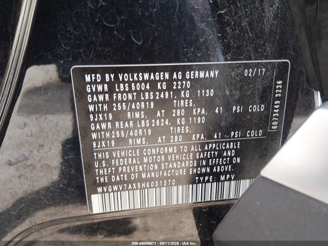 2017 Volkswagen Tiguan 2.0t Sel მანქანა იყიდება აუქციონზე, vin: WVGWV7AX5HK031370, აუქციონის ნომერი: 46099671