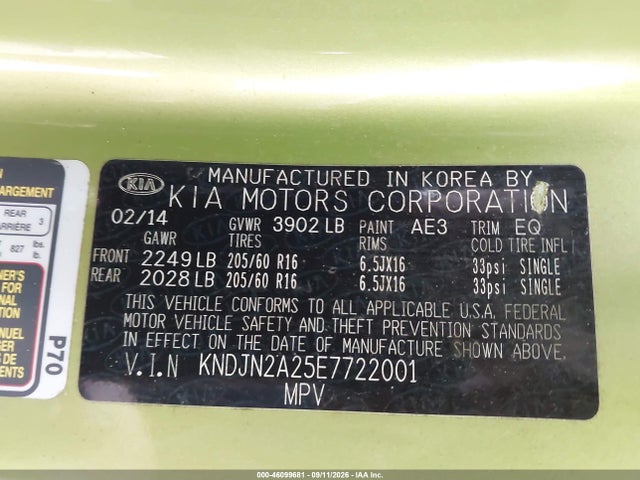46099681 :رقم المزاد ، KNDJN2A25E7722001 vin ، 2014 Kia Soul مزاد بيع