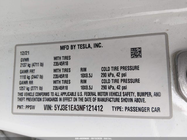 Aukcja sprzedaży 2022 Tesla Model 3 Rear-wheel Drive, vin: 5YJ3E1EA3NF121412, numer aukcji: 46099690