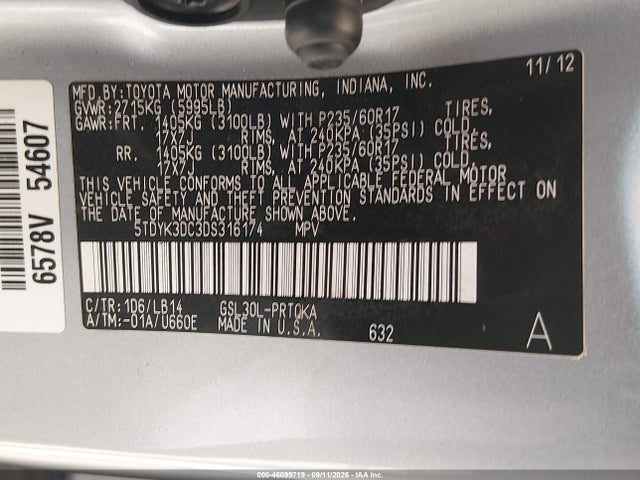 46099719 :رقم المزاد ، 5TDYK3DC3DS316174 vin ، 2013 Toyota Sienna Xle V6 8 Passenger مزاد بيع