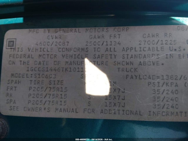46099731 :رقم المزاد ، 1GCCS1446TK101126 vin ، 1996 Chevrolet S Truck S10 مزاد بيع